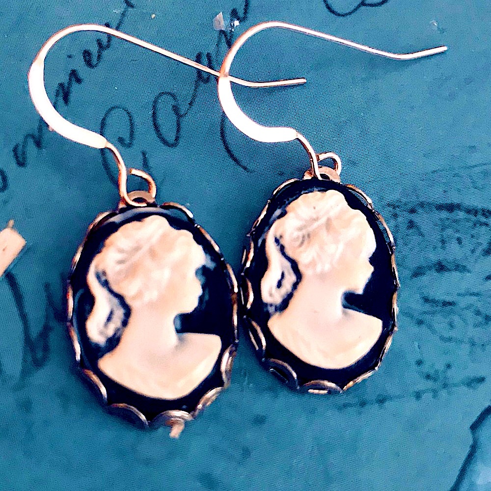 Very Victorian sterling earwires nlack and white cameo goth earrings